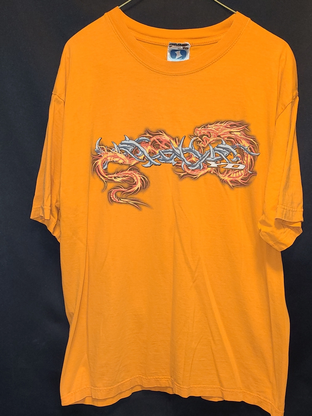 Y2k SILVER STRAND Orange Graphic Men's T-Shirt with Flame DRAGON Design